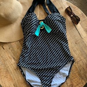 Black, white and turquoise one piece swimsuit